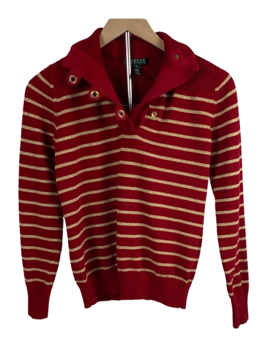 LRL Burgundy Gold Striped Mock Turtleneck Sweater S Quiet Luxury Preppy